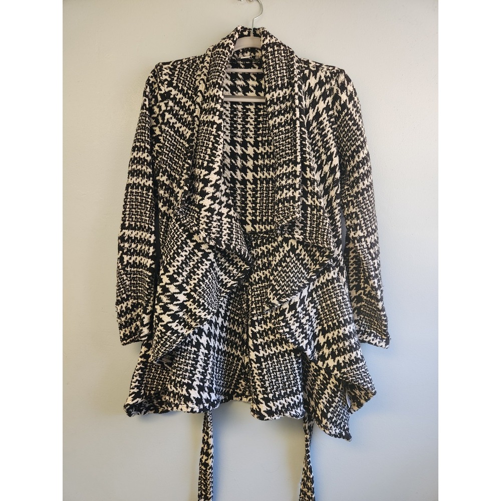 Favlux Womens S Ruffled Black Houndstooth Tweed Open Cardigan Blazer Jacket